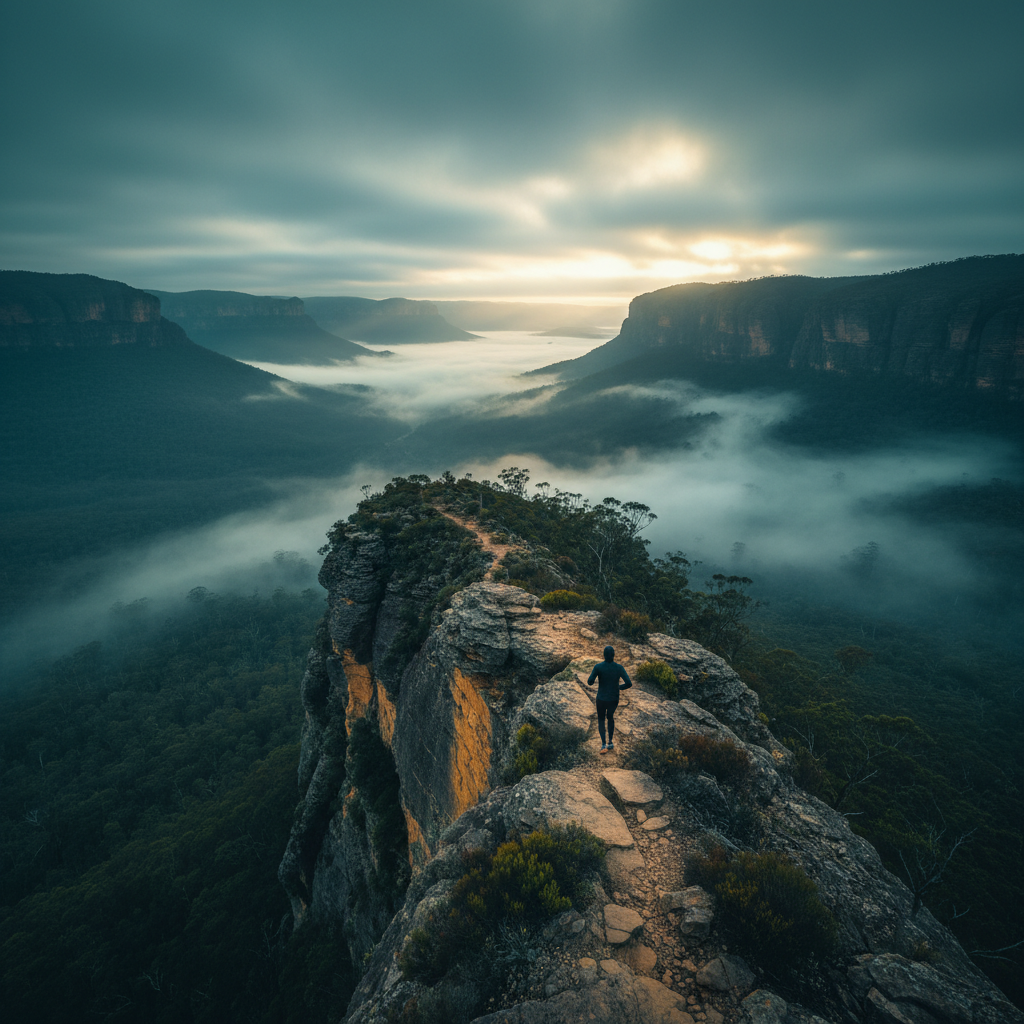 Trail runner on a mountain ridge at sunrise